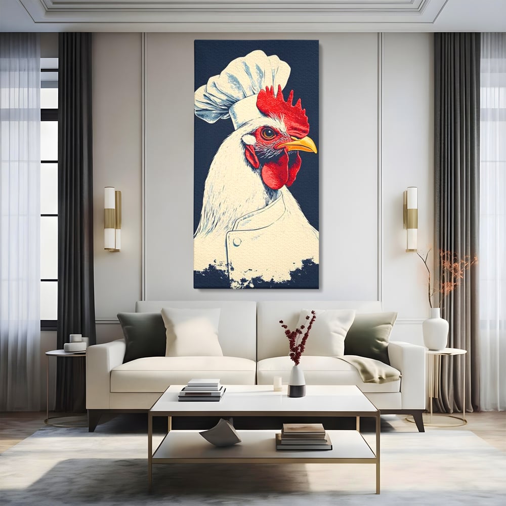 Tablou canvas cu tablou canvas cu gaina bucatar, fara rama, pe sasiu de lemn, pe perete intr-un living